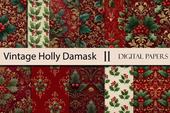 Download Vintage Holly Damask Digital Paper - Premium Resources