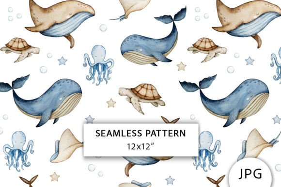Download Watercolor Whale Dreams Seamless Pattern - Watercolor whale Collection