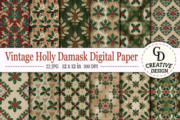 Download Vintage Holly Damask Digital Paper - Premium Bundle