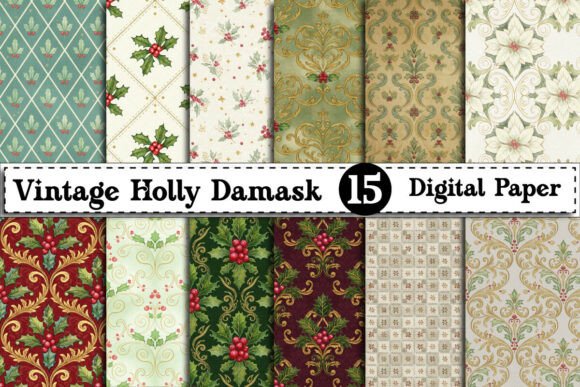 Download Vintage Holly Damask Digital Paper - Vintage holly Collection